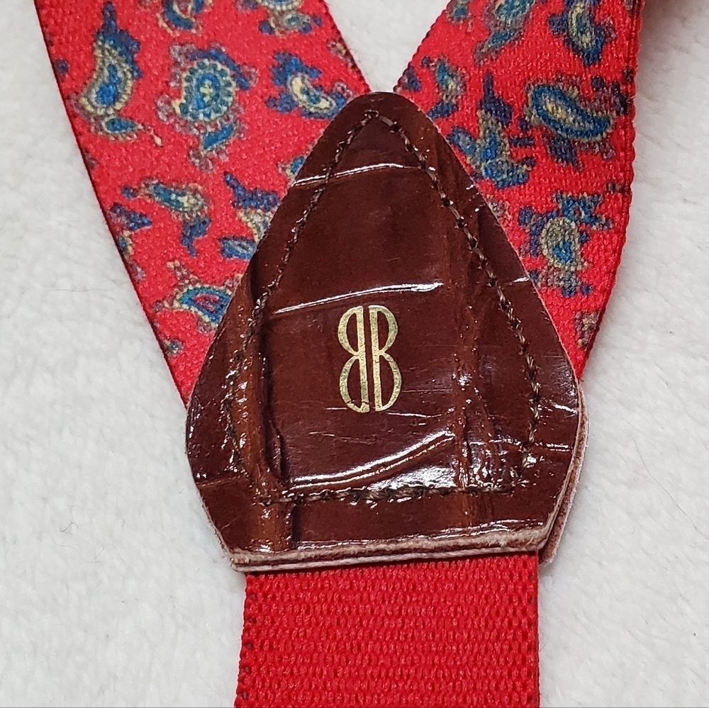 Bill Blass Vintage Stretchy Red Blue Paisley Gold Leather Button Tab Suspenders - Picture 12 of 13